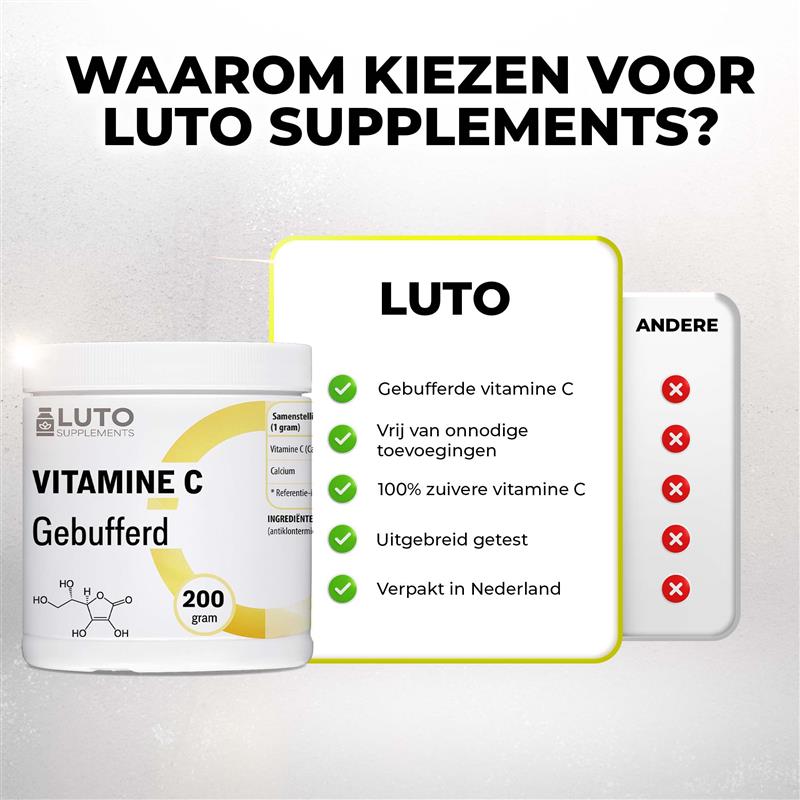 Pourquoi choisir la LUTO Vitamine C tamponnée - 100 % de vitamine C pure, conditionnée aux Pays-Bas