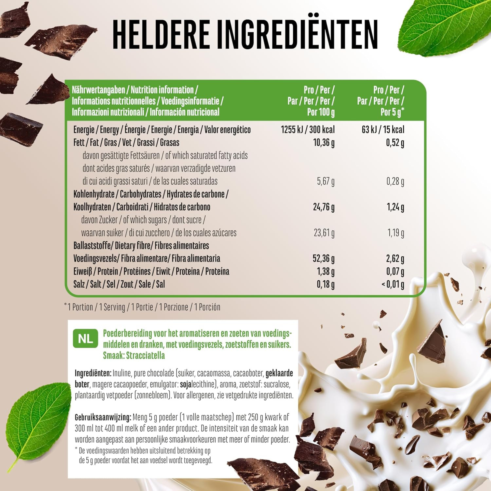 Valeurs nutritionnelles et ingrédients Vit4ever Flavor Craft poudre aromatisée stracciatella 250 g