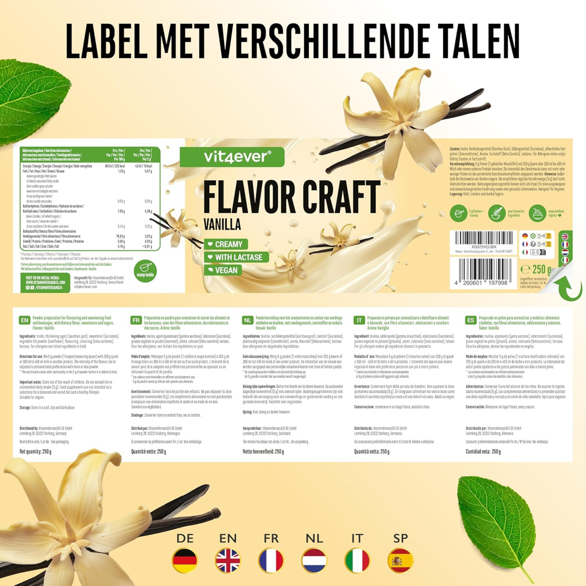 Étiquette et ingrédients Vit4ever Flavor Craft Poudre aromatisante Vanille 250 g