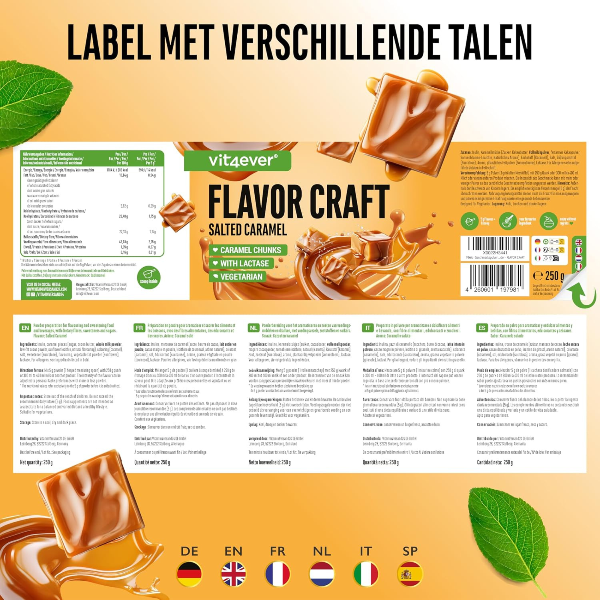 Étiquette et ingrédients Vit4ever Flavor Craft Poudre aromatisante Caramel salé 250 g