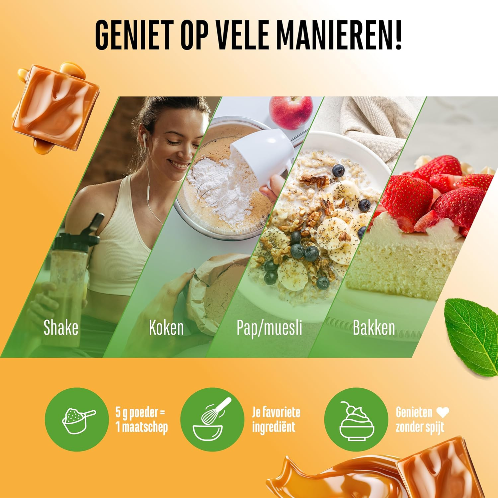 Poudre aromatisante Caramel salé Vit4ever Flavor Craft dans shake, fromage blanc, flocons d'avoine et pâtisseries