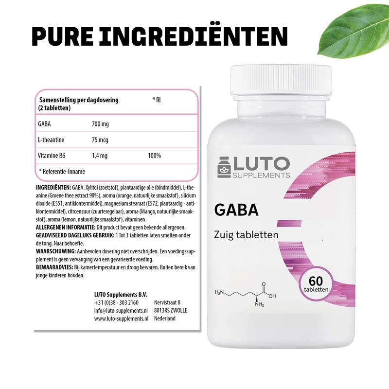 Ingrédients purs GABA LUTO Supplements - 700mg de GABA, L-théanine et vitamine B6 par comprimé à sucer