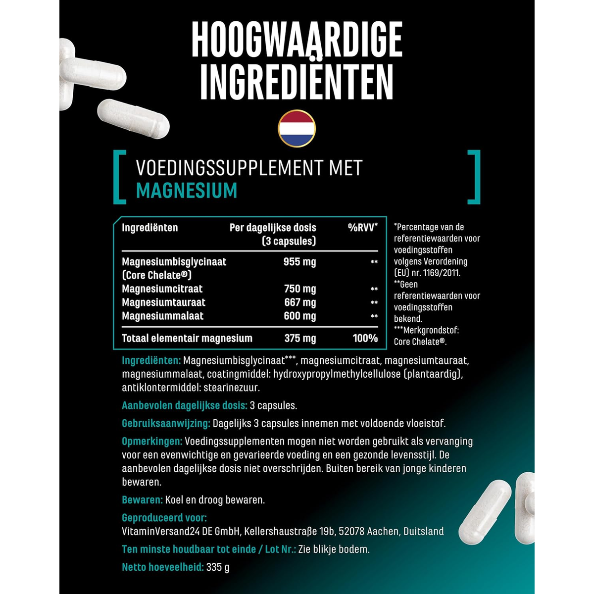 Ingrédients et valeur nutritionnelle du magnésium par dose journalière