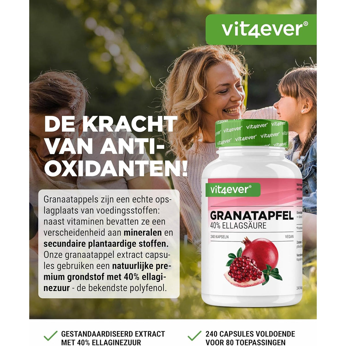 Ingrédients et informations nutritionnelles des gélules d'extrait de grenade Vit4ever