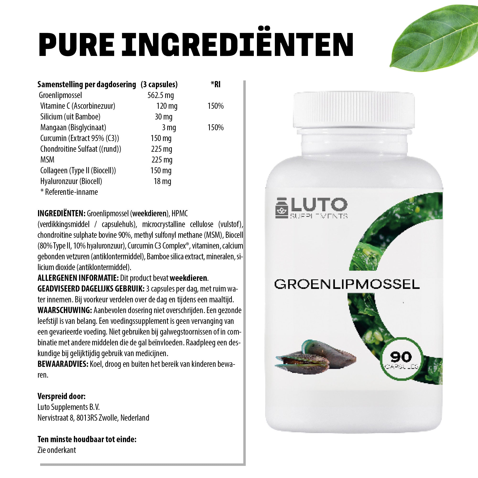 Ingrédients purs Complexe de Moule Verte LUTO, extrait de moule verte avec curcumine, collagène et manganèse