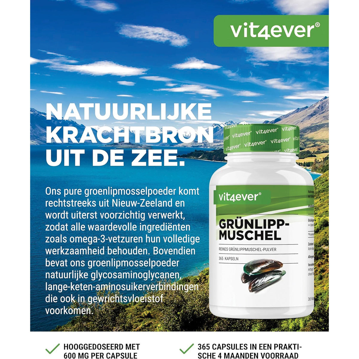 Vit4ever Moule à Lèvres Vertes 600mg - 365 gélules vegan sans ajouts inutiles