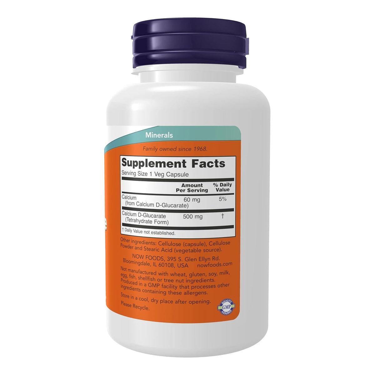 Calcium D-Glucarate 500mg NOW Foods étiquette dos avec informations nutritionnelles
