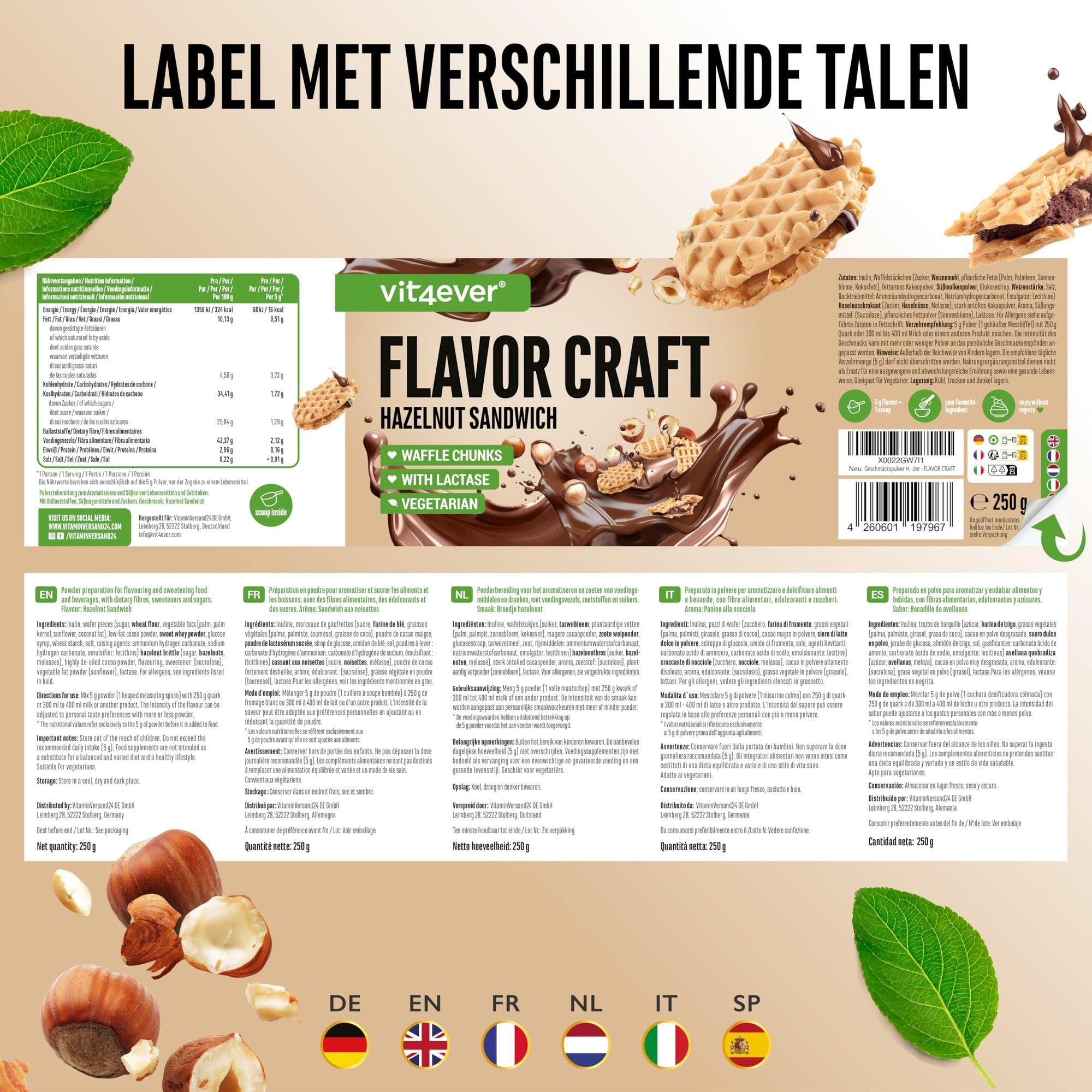 Étiquette et ingrédients Vit4ever Flavor Craft poudre aromatisée sandwich noisette 250 g