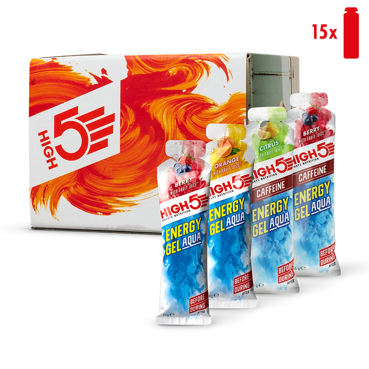 HIGH5 Energy Gel Aqua Mixed Pack 15 pièces - gel énergétique isotonique avec et sans caféine, 23 g de glucides | acheter en France