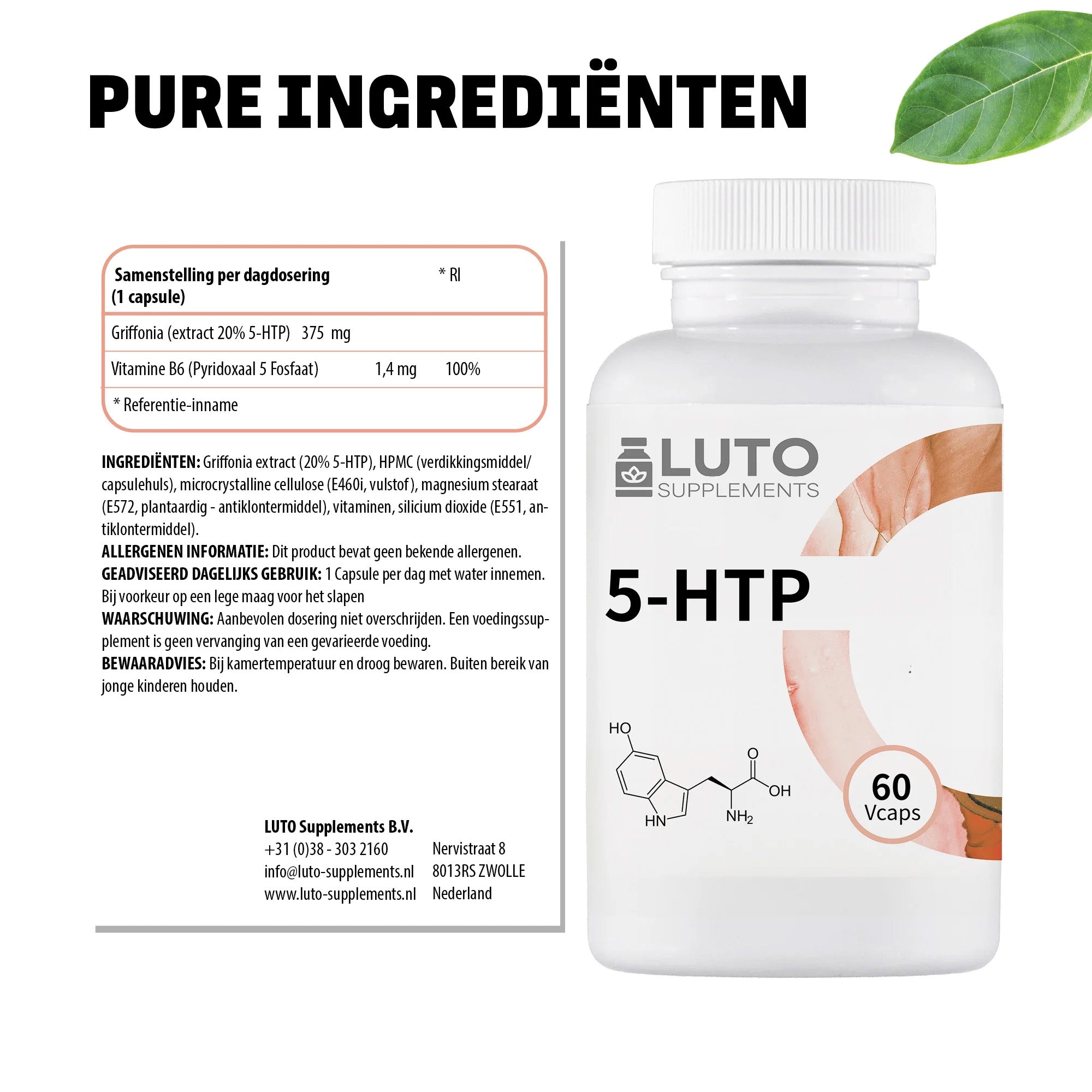 Ingrédients purs 5-HTP LUTO Supplements, 5-HTP naturel issu de Griffonia simplicifolia et vitamine B6