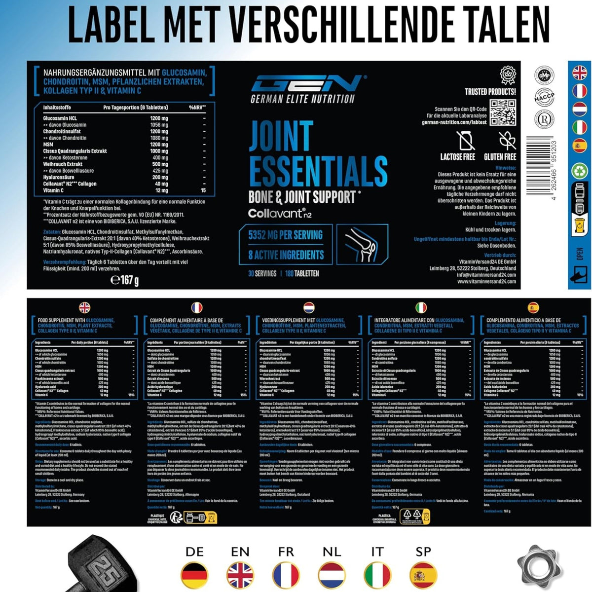 Joint Essentials Glucosamine, Chondroïtine, MSM & Collagène | 180 comprimés | German Elite Nutrition