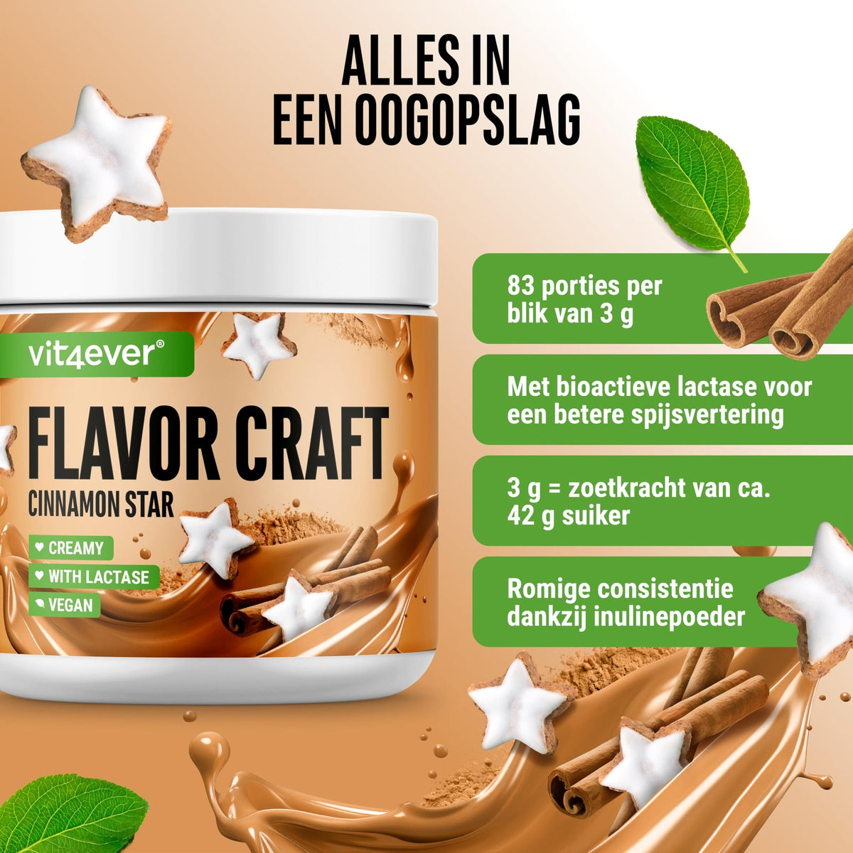 Vit4ever Flavor Craft étoile à la cannelle 250 g poudre aromatisée avec 50 portions et consistance crémeuse
