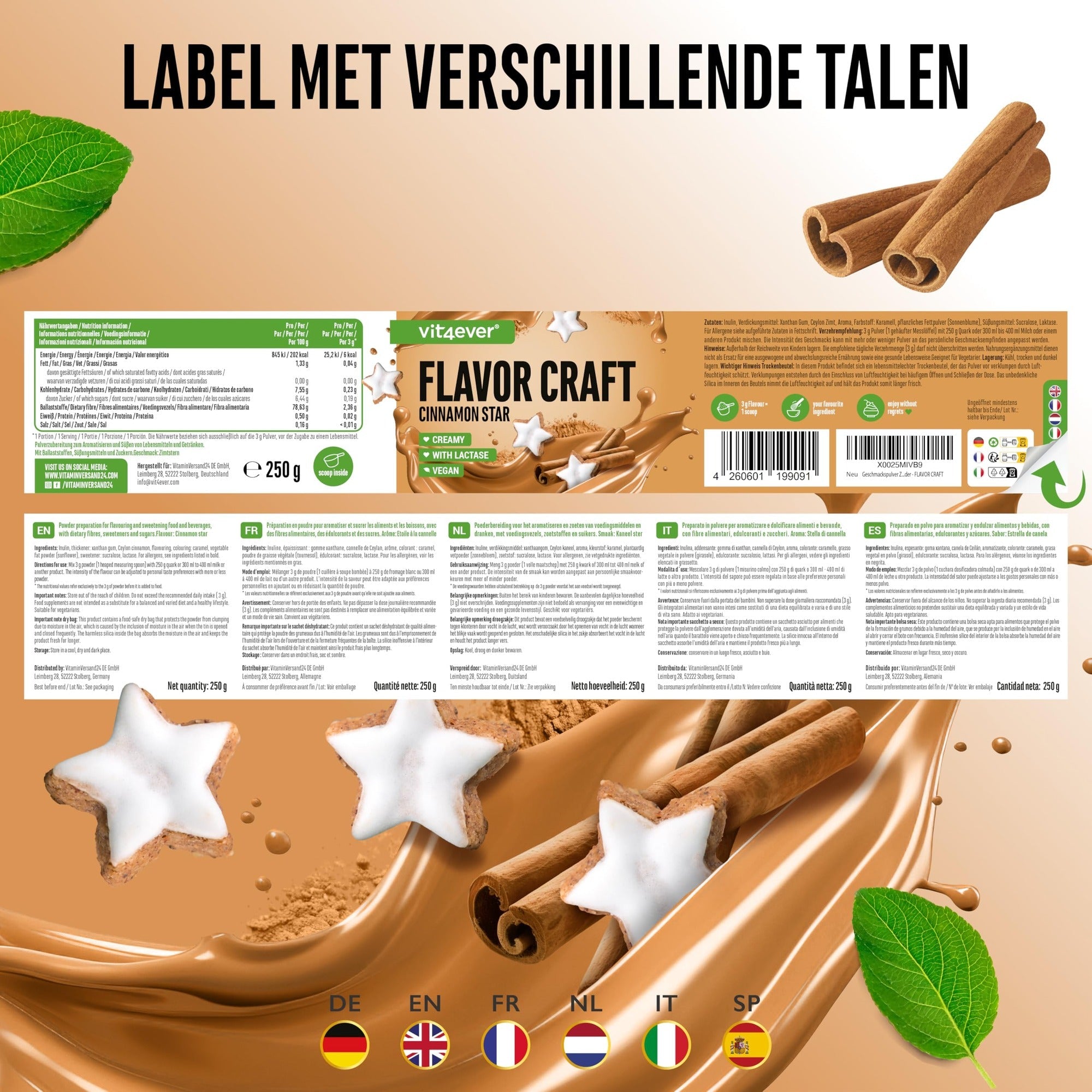Étiquette et ingrédients Vit4ever Flavor Craft poudre aromatisée étoile à la cannelle 250 g