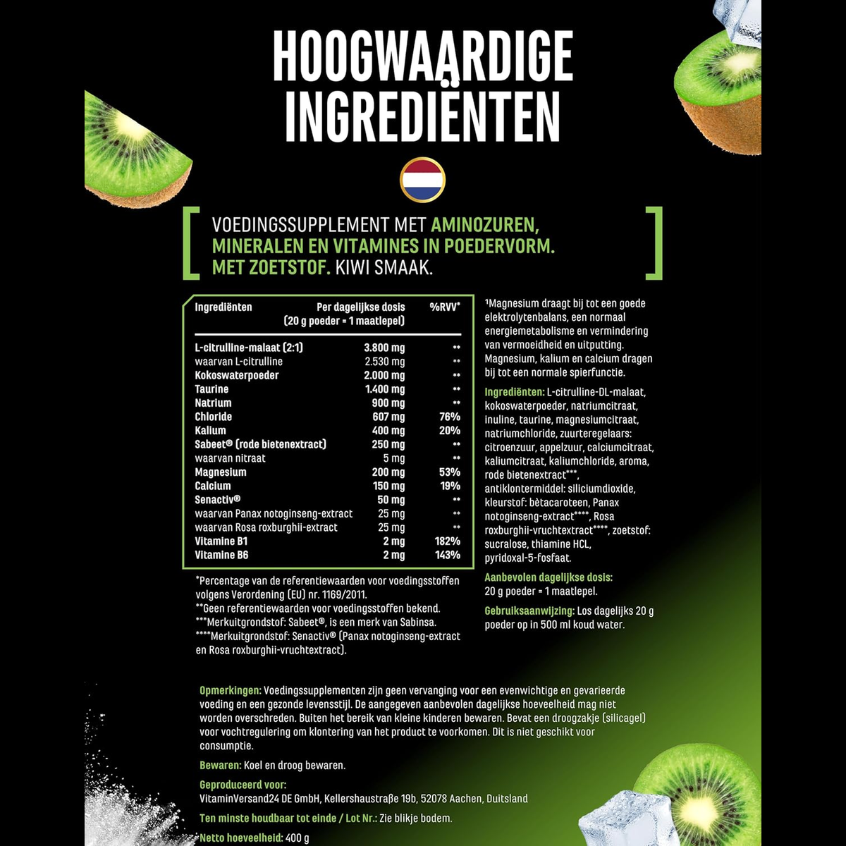 Performance Electrolytes ingrédients et valeurs nutritionnelles par portion