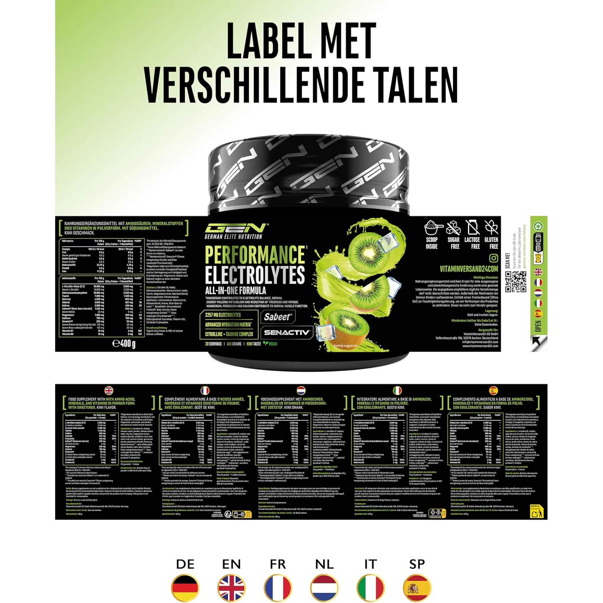 Performance Electrolytes étiquette en plusieurs langues