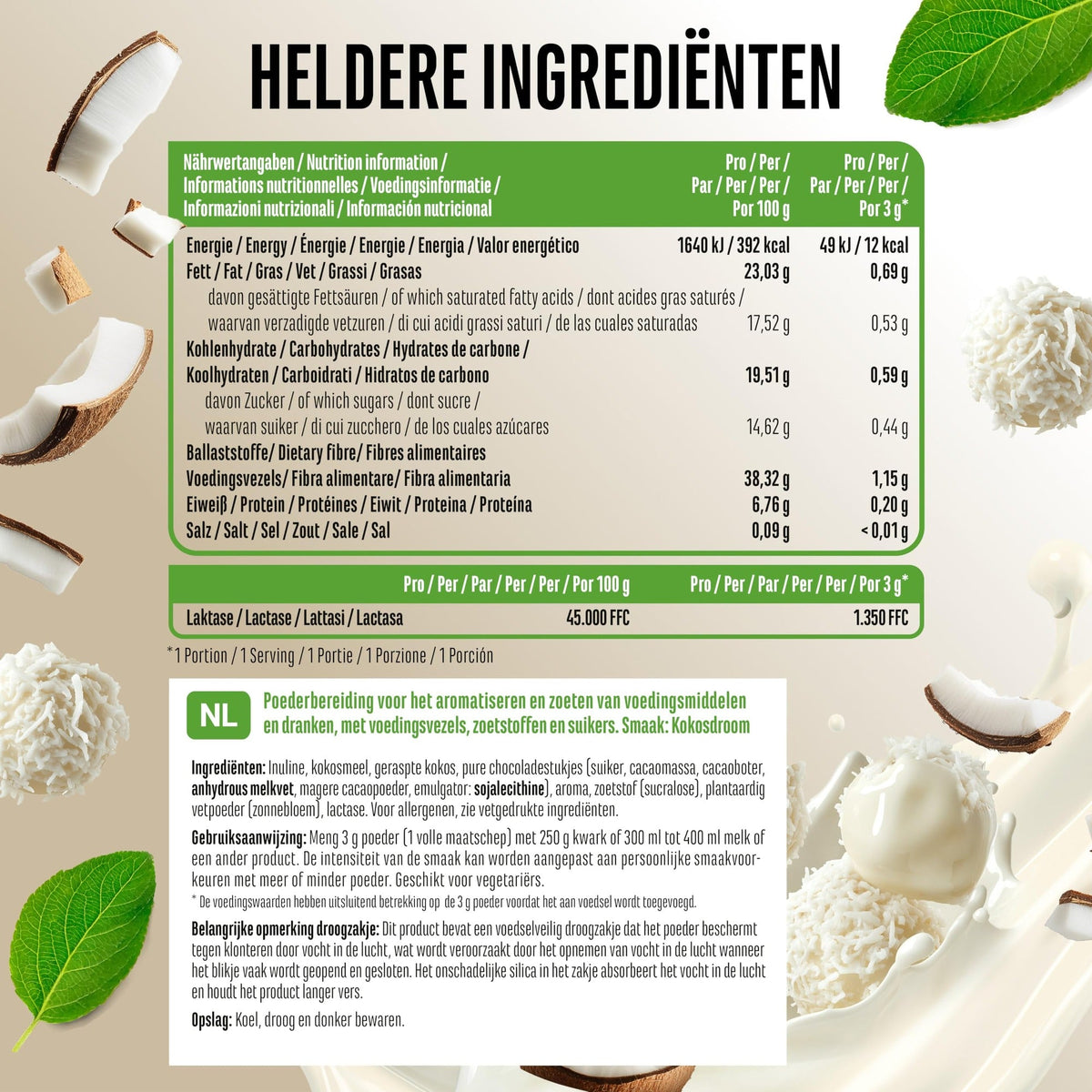 Valeurs nutritionnelles et ingrédients Vit4ever Flavor Craft poudre aromatisée rêve de coco 250 g