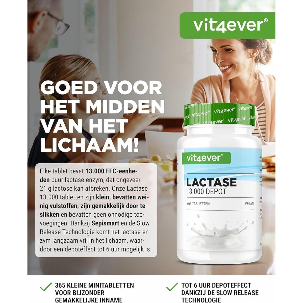 Vit4ever Lactase 13.000 FCC Depot 365 comprimés - un comprimé avec le repas laitier, effet dépôt jusqu'à 6 heures #Contenu_365 comprimés