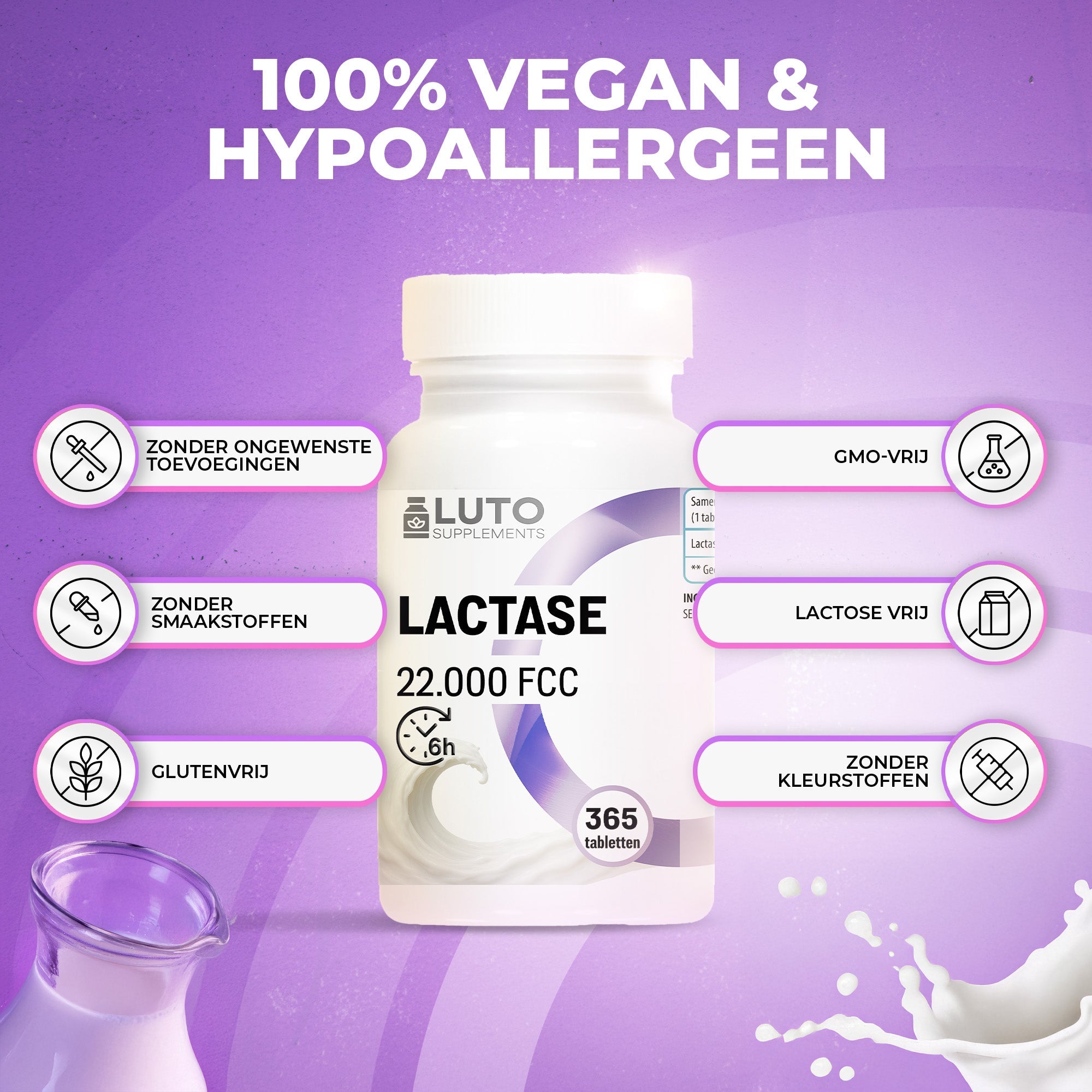 LUTO Lactase 22.000 FCC 100% vegan et hypoallergénique - sans gluten et sans colorants