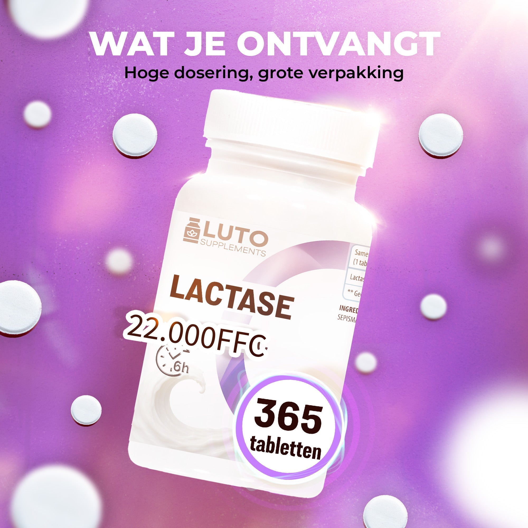 LUTO Lactase 22.000 FCC 365 comprimés grand format - enzyme lactase fortement dosée