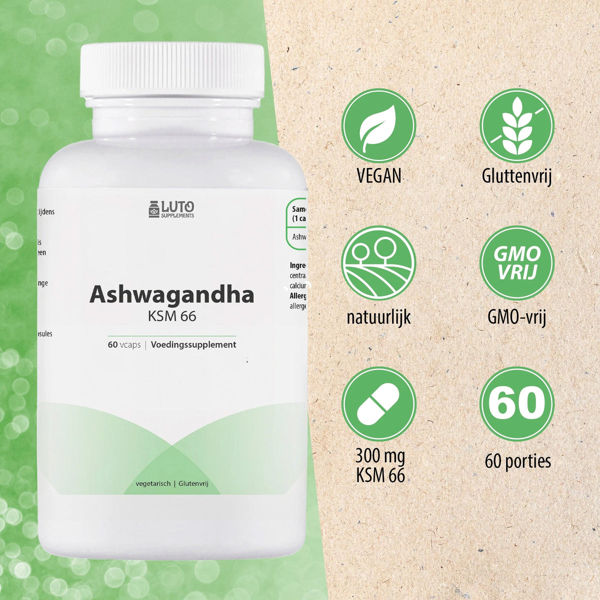 LUTO Ashwagandha KSM-66 300 mg caractéristiques - vegan, sans gluten, naturel, sans OGM et 60 portions
