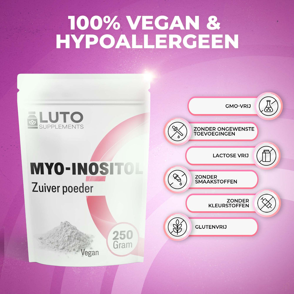 Poudre de myo-inositol LUTO Supplements, vegan et sans arômes, colorants ni lactose