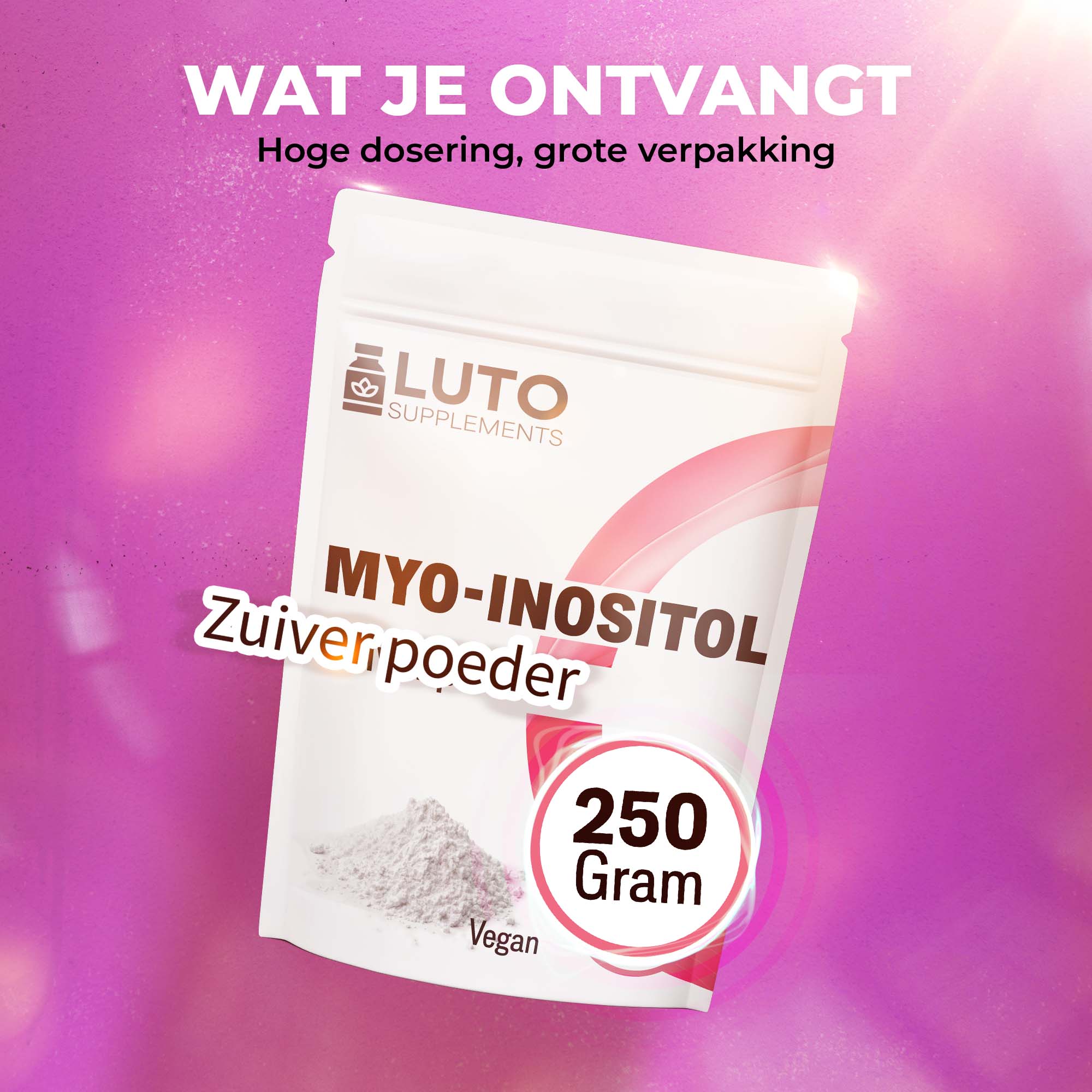 Conditionnement de poudre de myo-inositol de 250 grammes, de quoi préparer environ 125 portions