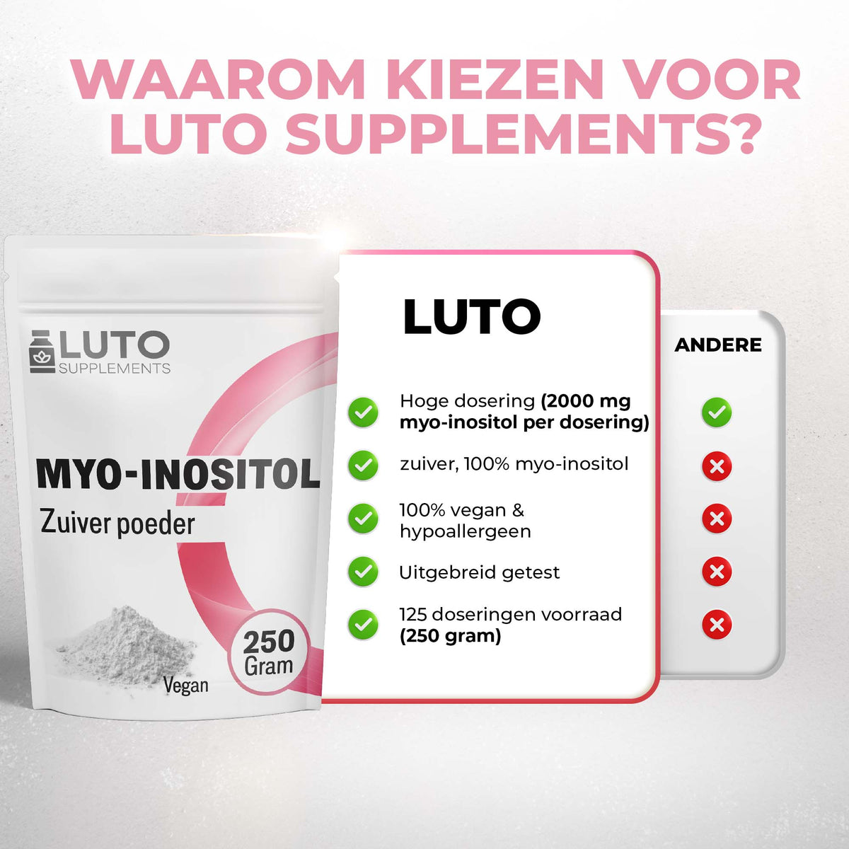 Poudre de myo-inositol, 2 grammes par dose et environ 125 doses par sachet