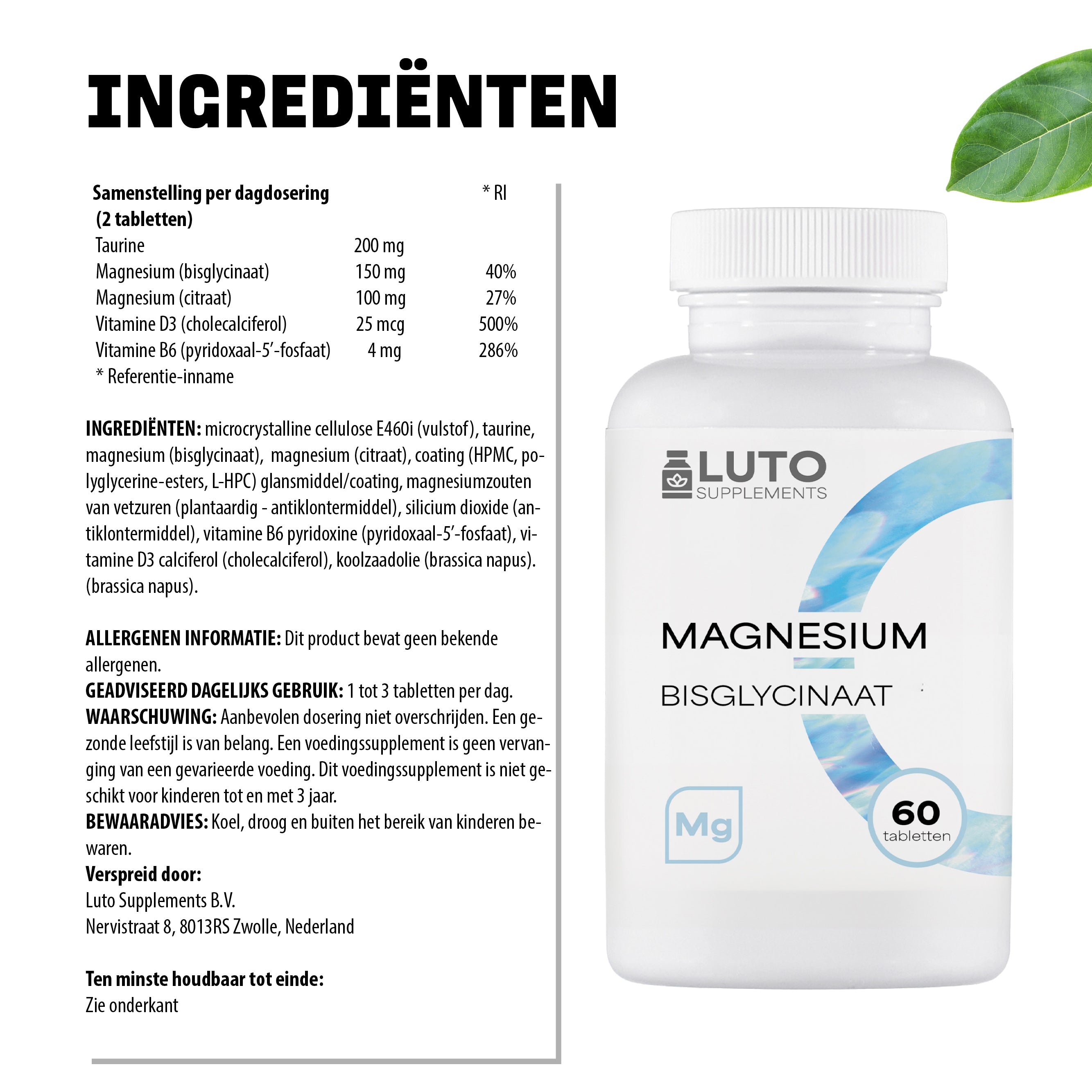 Qualité premium LUTO Magnésium Bisglycinate - vegan, sans gluten, sans lactose, sans OGM et fortement dosé