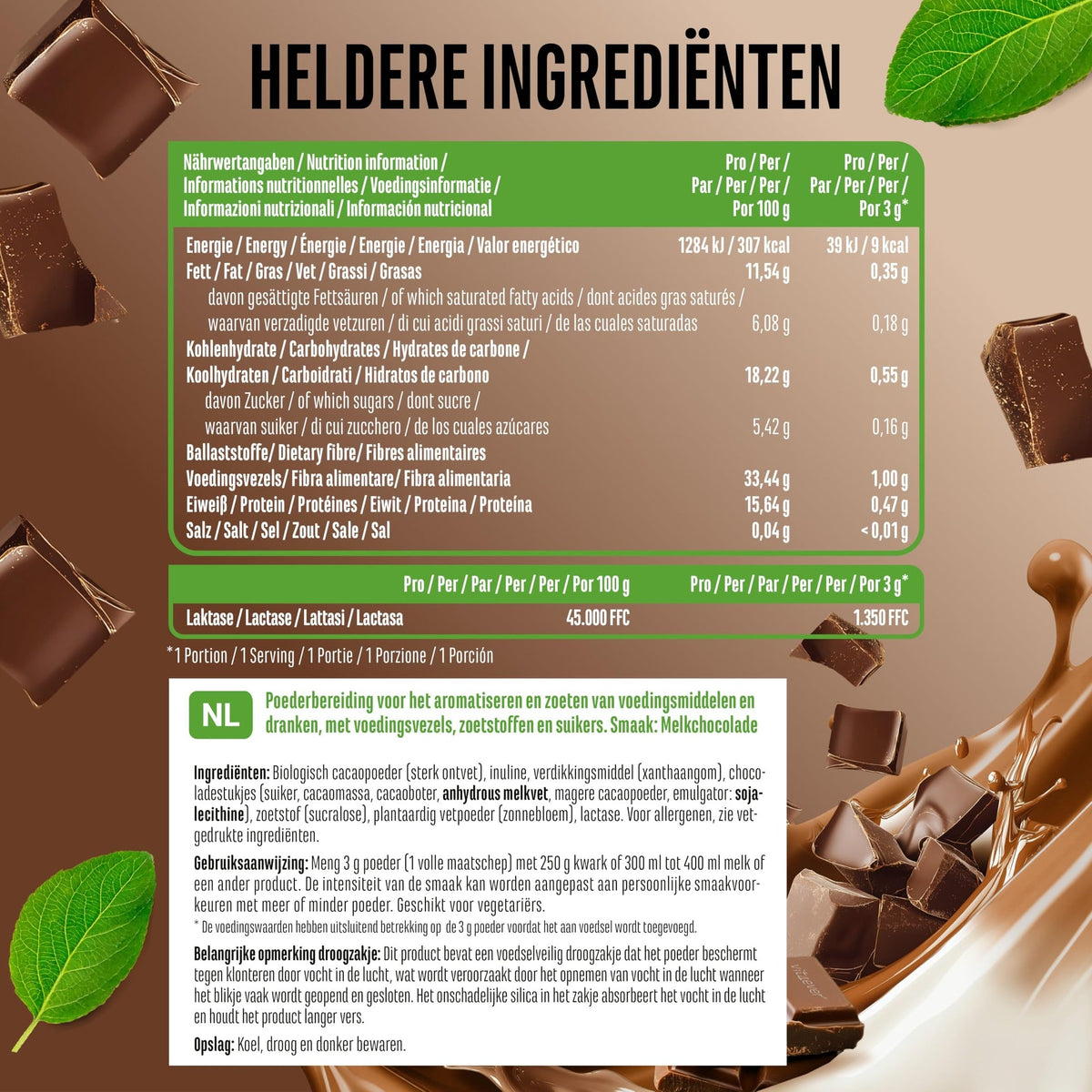 Valeurs nutritionnelles et ingrédients Vit4ever Flavor Craft poudre aromatisée chocolat au lait 250 g