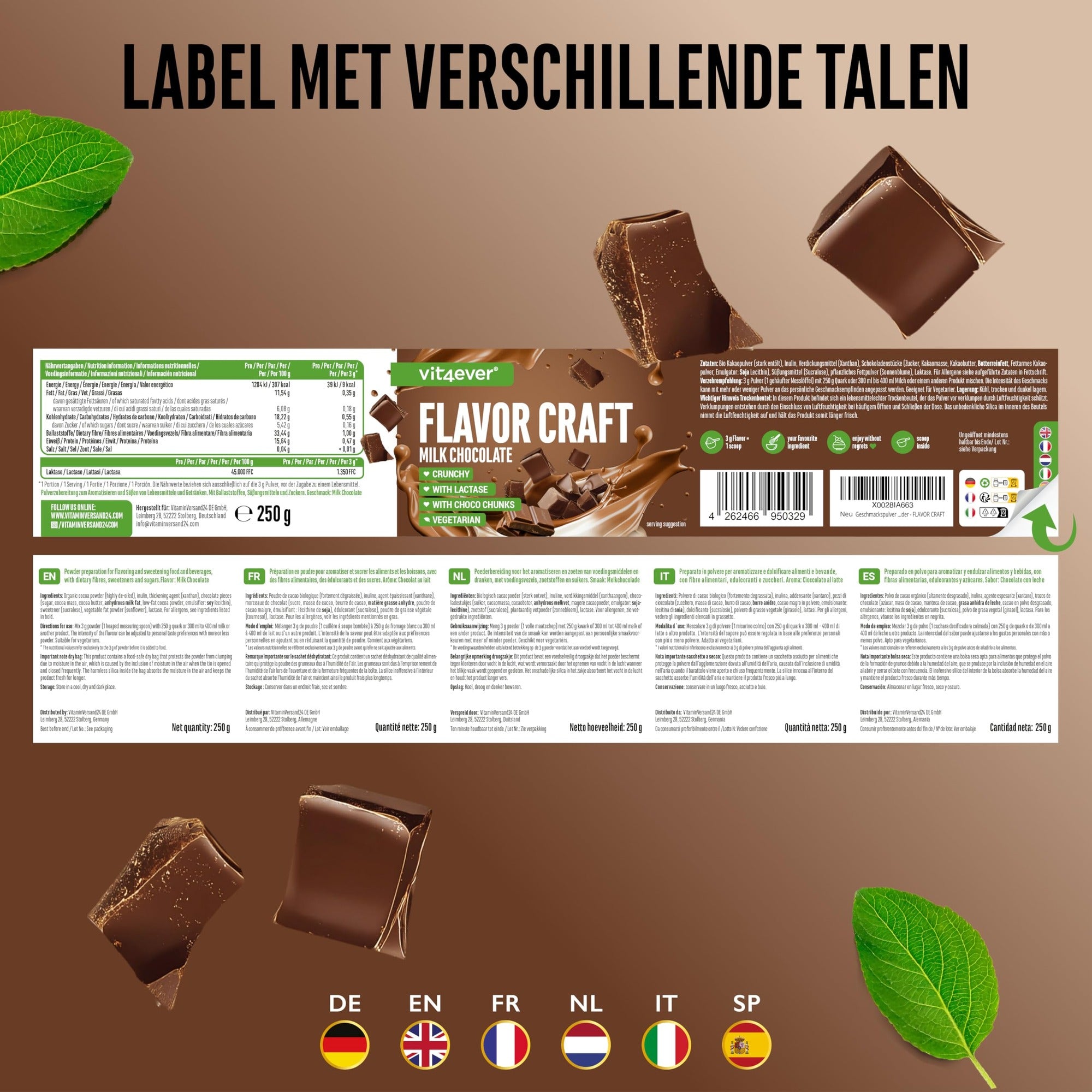 Vit4ever Flavor Craft poudre aromatisée chocolat au lait pour sucrer aliments et boissons