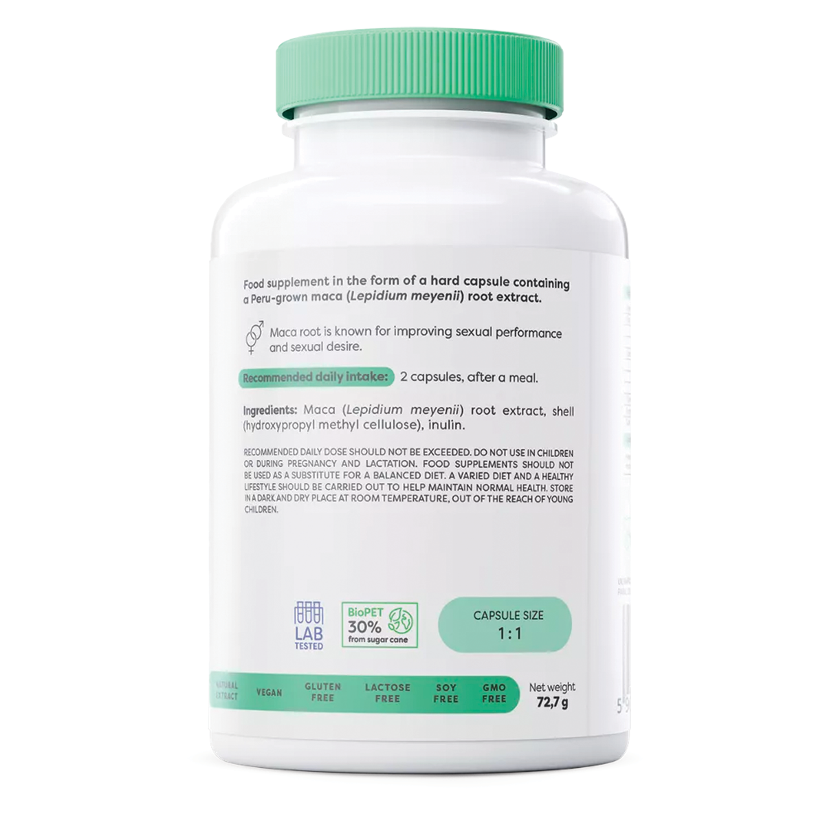 Dos de l'emballage Osavi Maca 1000mg - ingrédients et utilisation recommandée, extrait de maca péruvienne