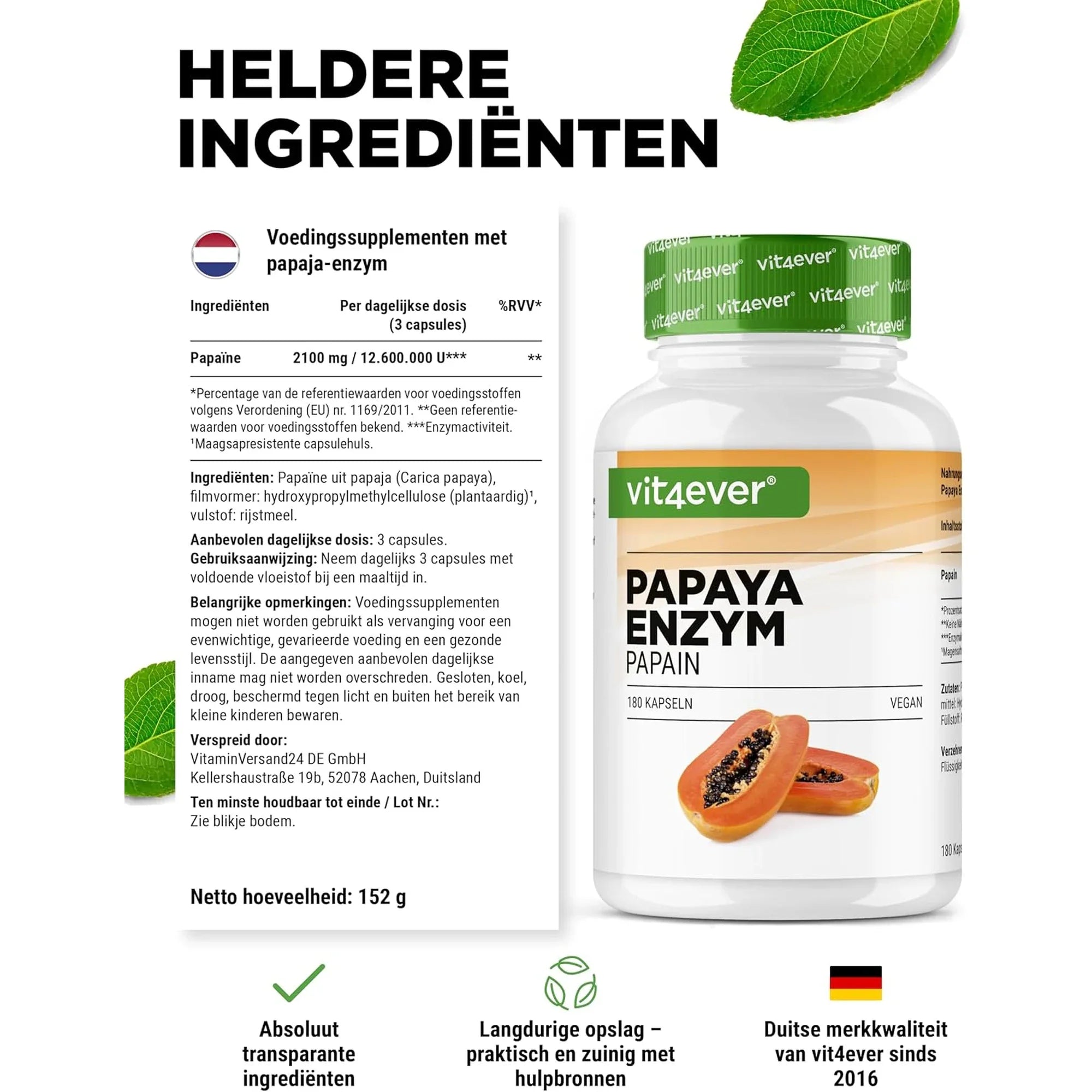 Ingrédients de l'Enzyme de papaye de Vit4ever par dose journalière
