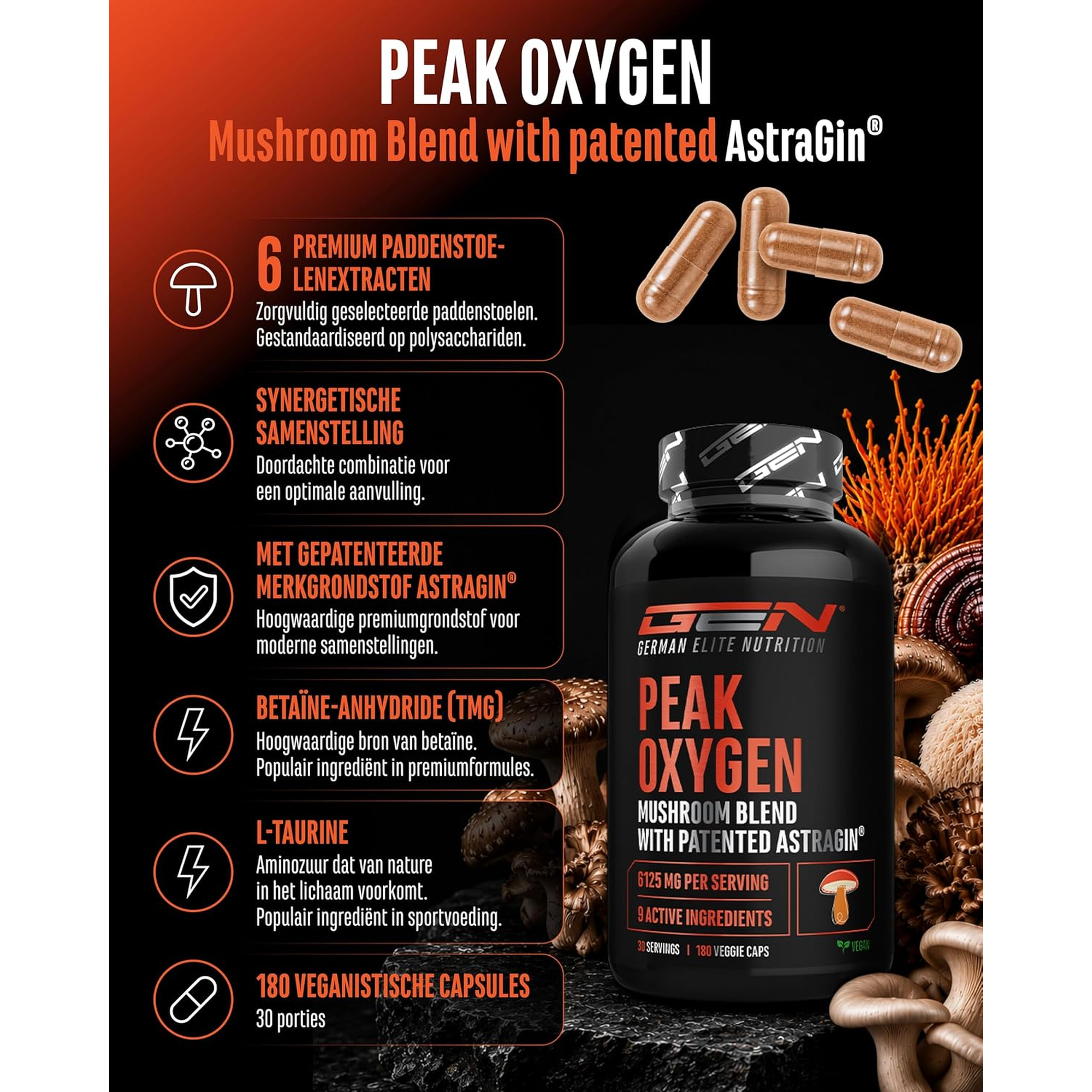 Peak Oxygen six extraits de champignons avec AstraGin breveté
