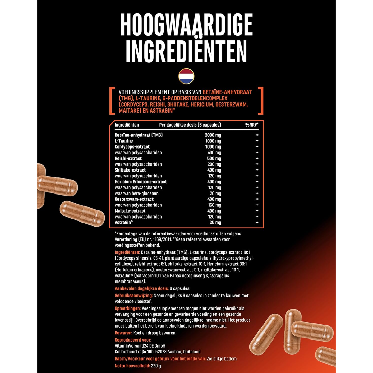 Ingrédients et valeurs nutritionnelles Peak Oxygen par dose journalière