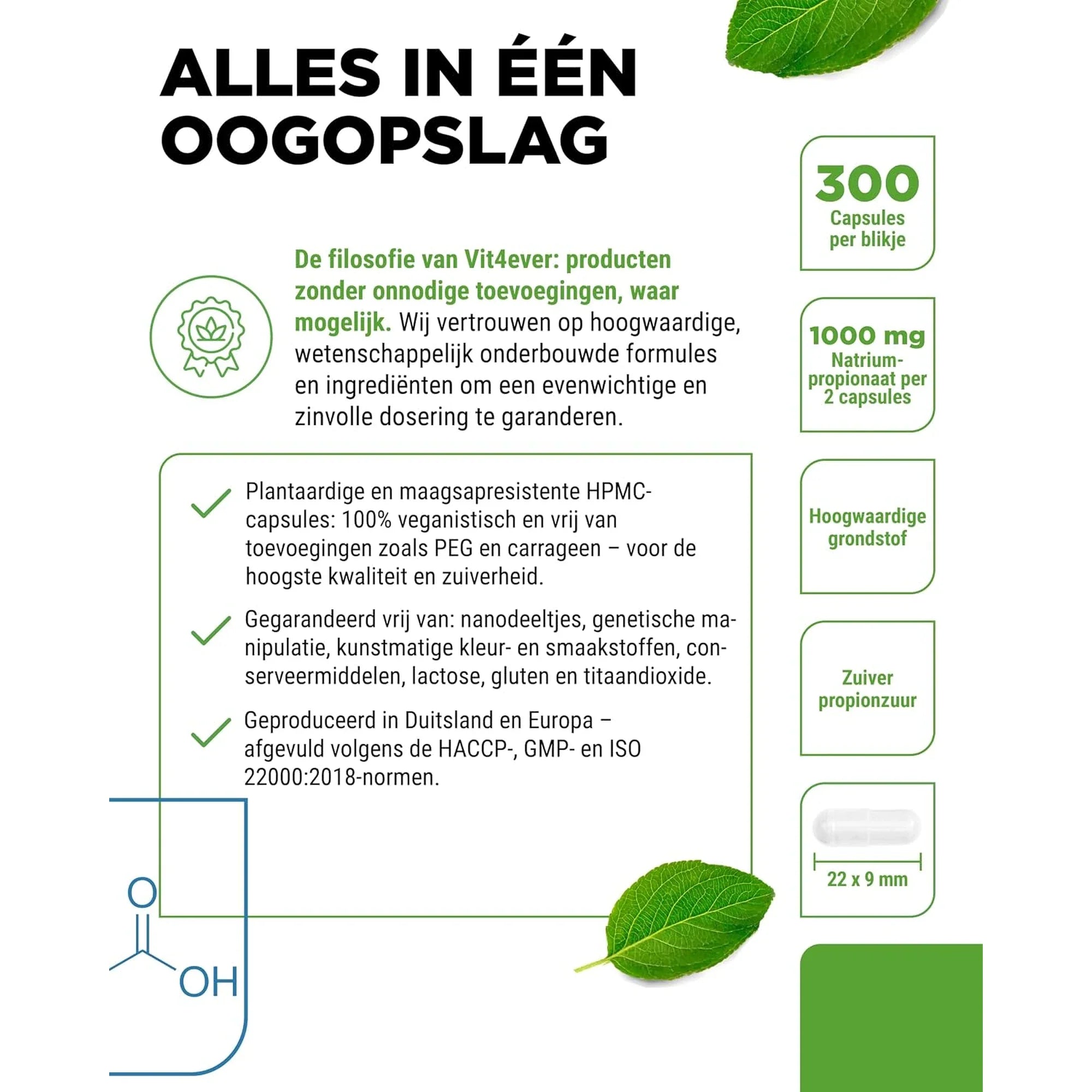 Acide propionique en un coup d'œil : 300 gélules, 1000 mg par 2 gélules