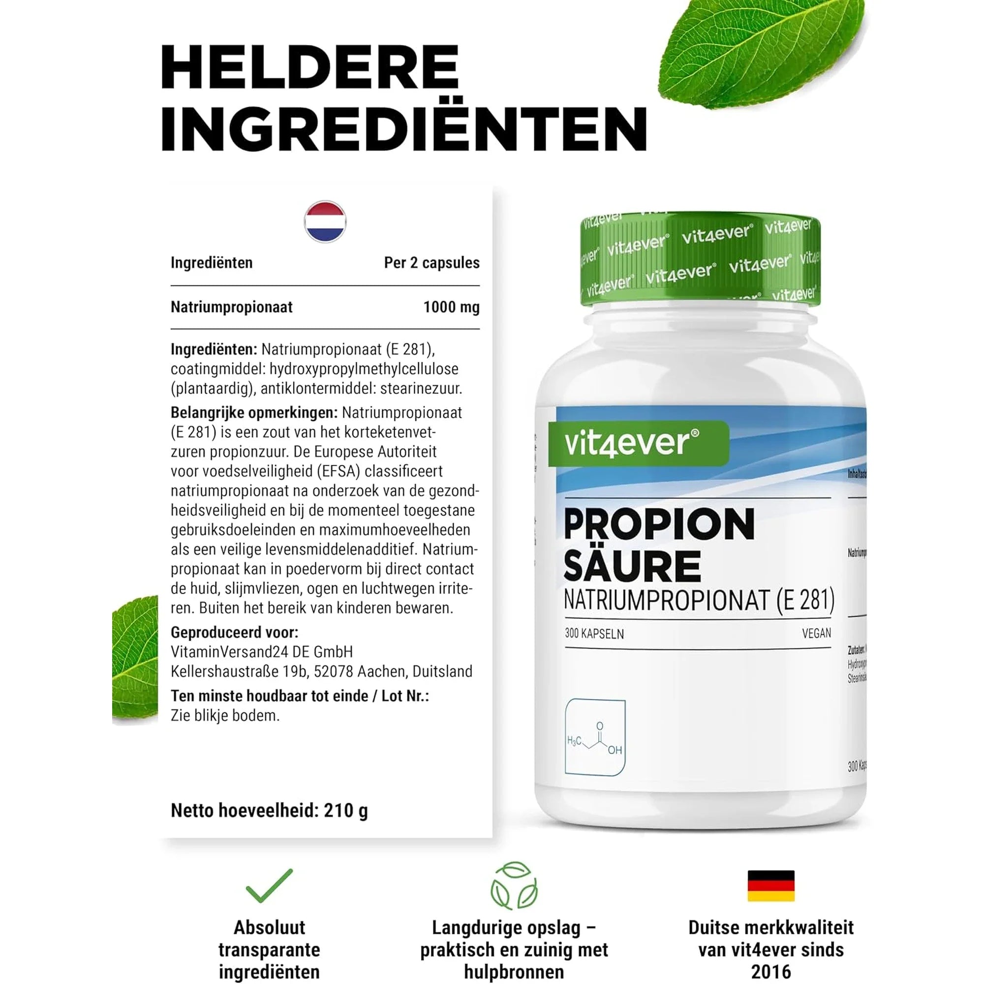 Ingrédients clairs de l'Acide propionique de Vit4ever, propionate de sodium E281