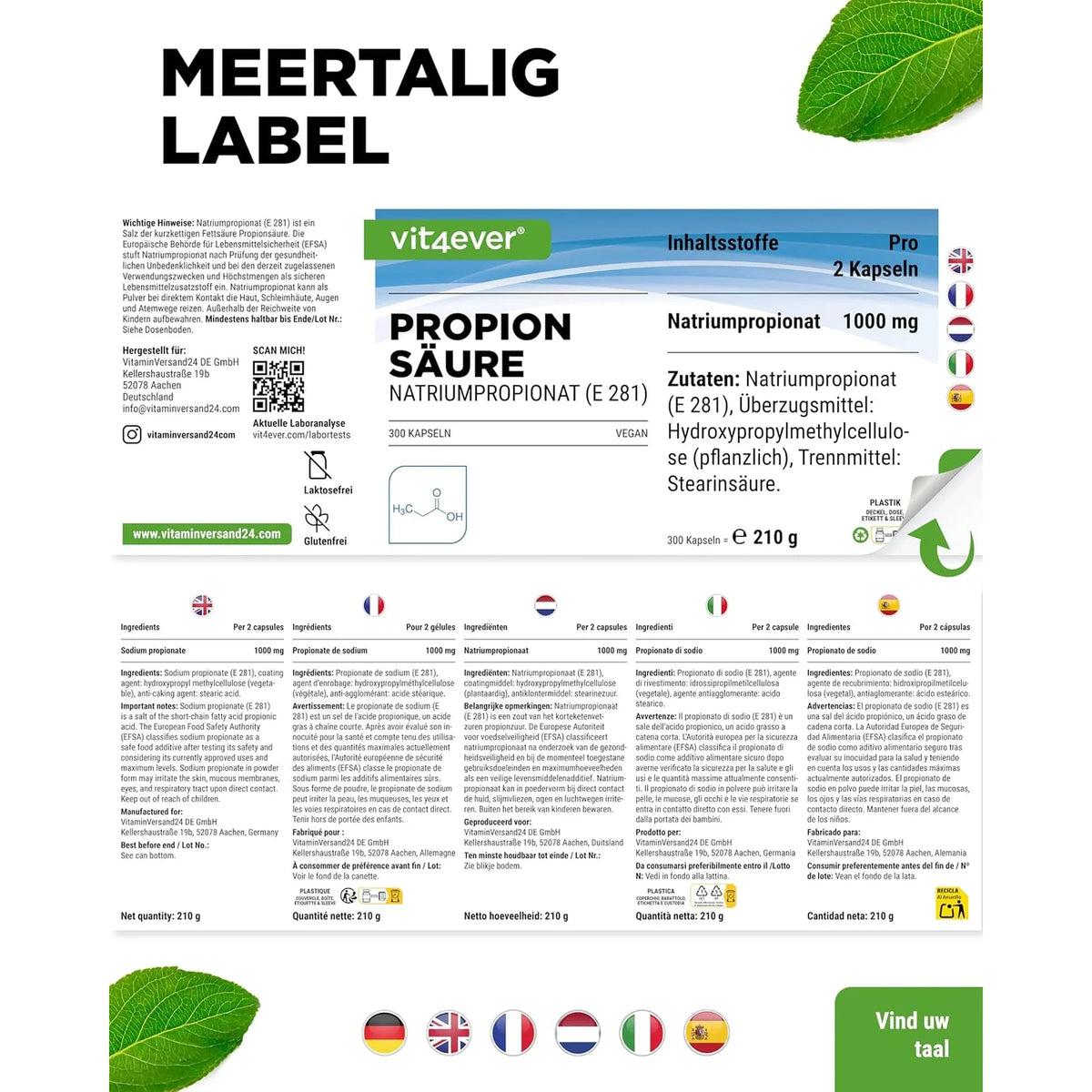 Étiquette multilingue de l'Acide propionique de Vit4ever (propionate de sodium E281)