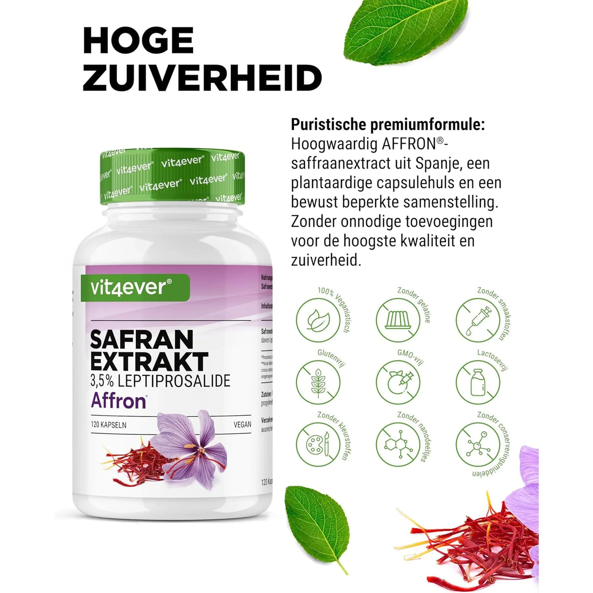 Haute pureté : extrait de safran Affron, vegan, sans gluten et sans lactose