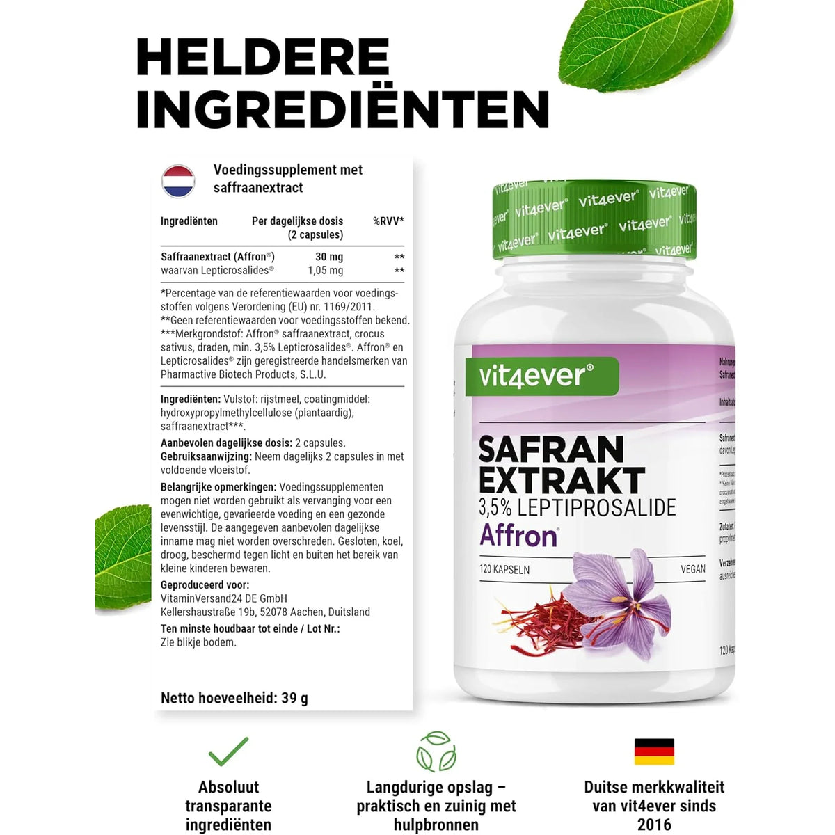 Ingrédients clairs de l'Extrait de safran Affron de Vit4ever par dose journalière