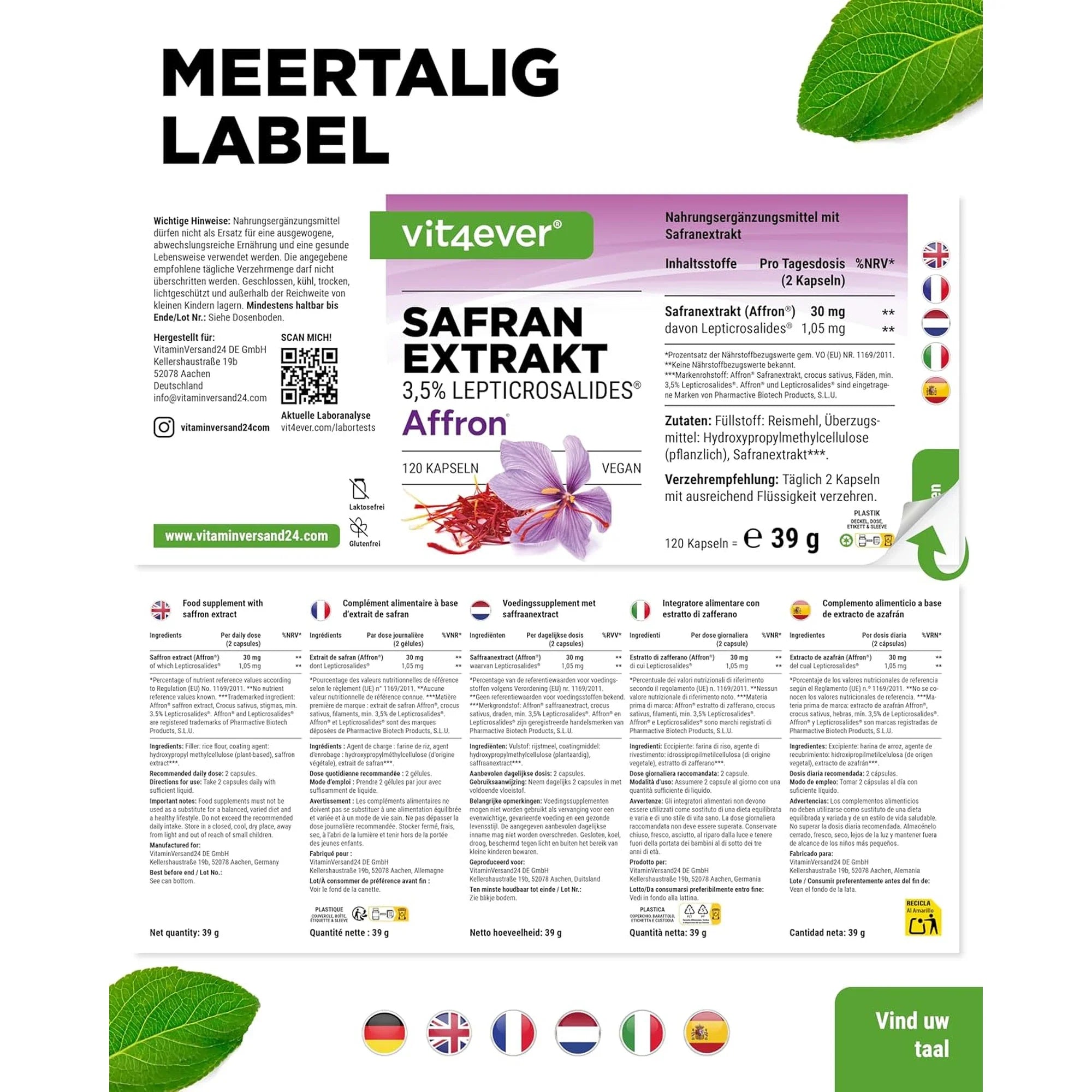 Étiquette multilingue de l'Extrait de safran Affron de Vit4ever