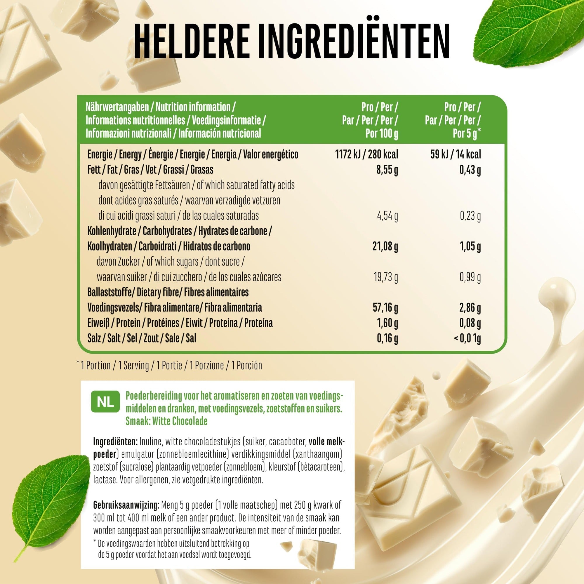 Valeurs nutritionnelles et ingrédients Vit4ever Flavor Craft Poudre aromatisante Chocolat blanc 250 g