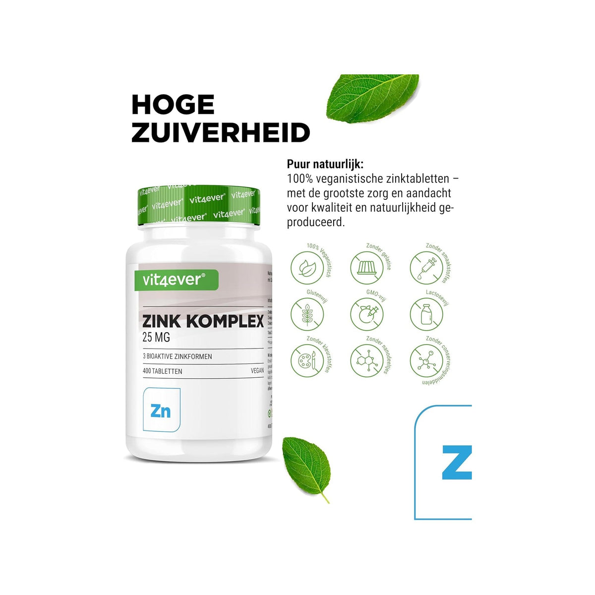 Vit4ever Complexe de zinc 25 mg : haute pureté, 100 % vegan