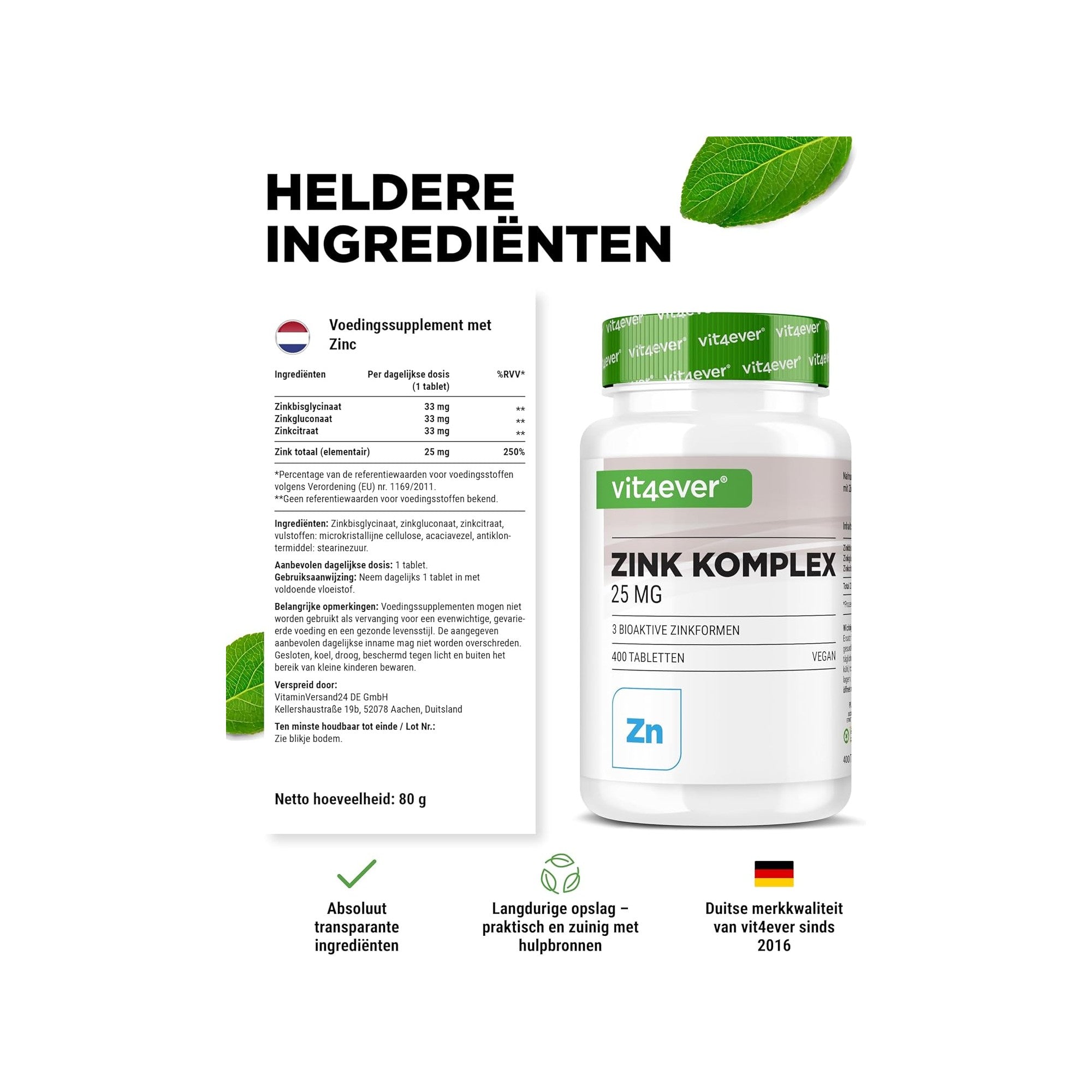 Vit4ever Complexe de zinc 25 mg : ingrédients et valeurs nutritionnelles clairs